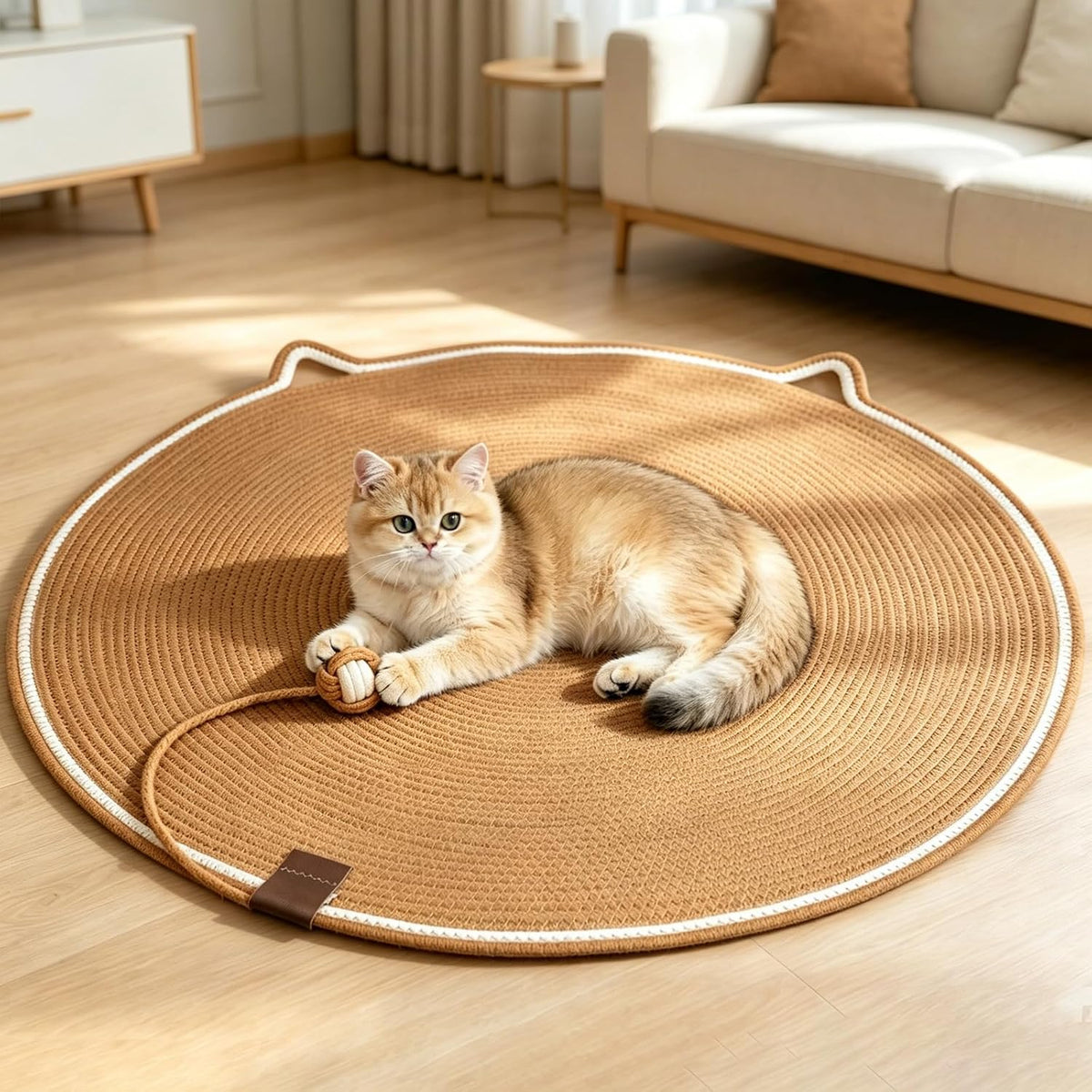 31" Cat Scratcher Mat, Natural Cotton Rope Cat Scratch Pad, round Horizontal Floor Cat Scratching Pads for Indoor Cats, Cat Furniture Protector for Wall, Couch, Carpets, Sofas