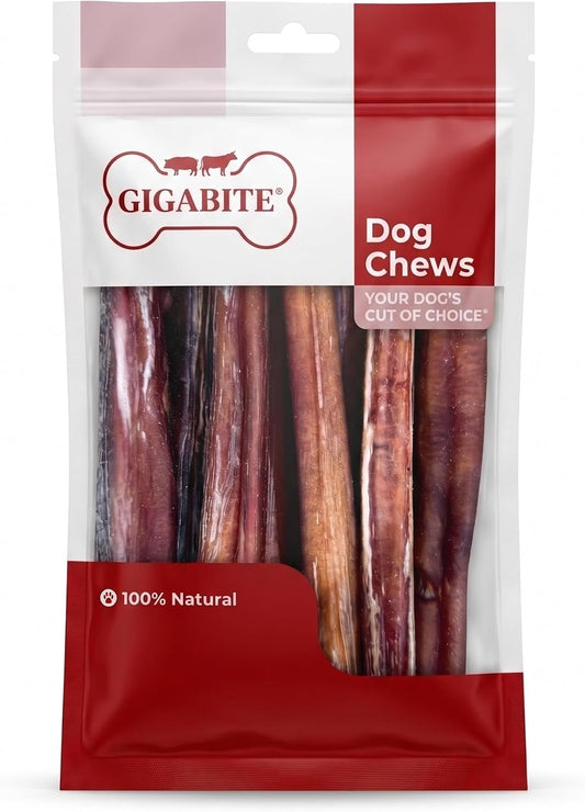 Gigabite Bully Sticks for Dogs All Natural Beef Pizzle Dog Chews, Odor & Rawhide Free Dog Treats, Long Lasting High Protein Chews Digestible Dental Dog Treat - Sticks (Half-Cut 6"), Pack of 10