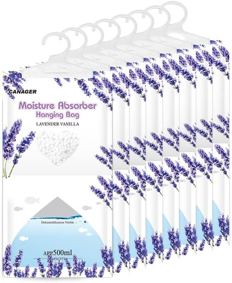 CANAGER Hanging Moisture Absorber, Lavender Vanilla Moistureproof Hanging Bag，Dehumidifier Bag (8 Packs) Hanging Closet Dehumidifier Bags, Moisture Absorb 12.5 Oz