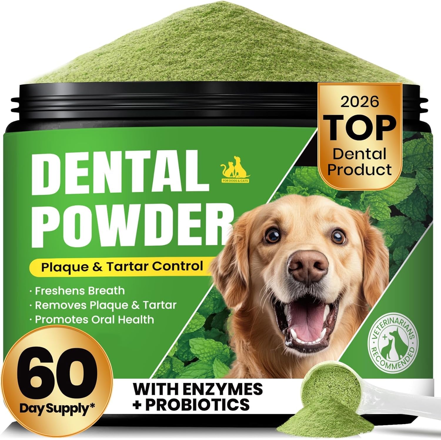 Dog Teeth Cleaning Powder, Dog Dental Powder and Cats Breath Freshener, Plaque off Pet Tooth Cleaning Lab Co, Bad Breath & Tartar Remover for Dogs, Dog Teeth Cleaning with Enzymes- 60-Day Supply -Mint