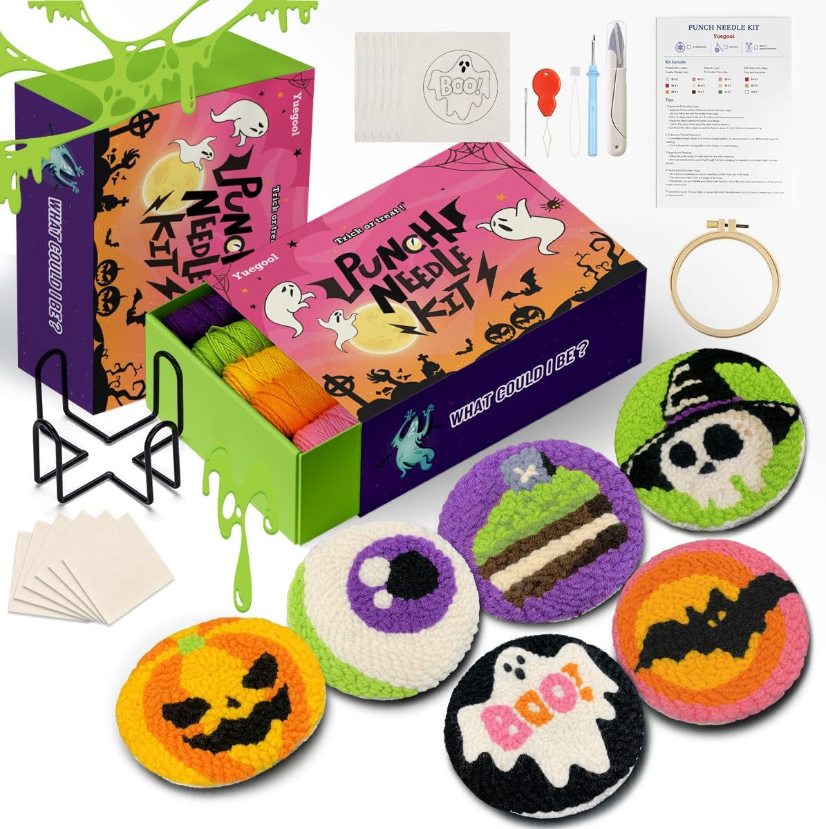 Yuegool 6PCS Halloween Punch Needle Coasters Kit – Easy DIY Embroidery Kit for Beginners, Adults & Kids | Includes Patterns, Tools, Yarns, Hoop, Instructions, Coaster Holder