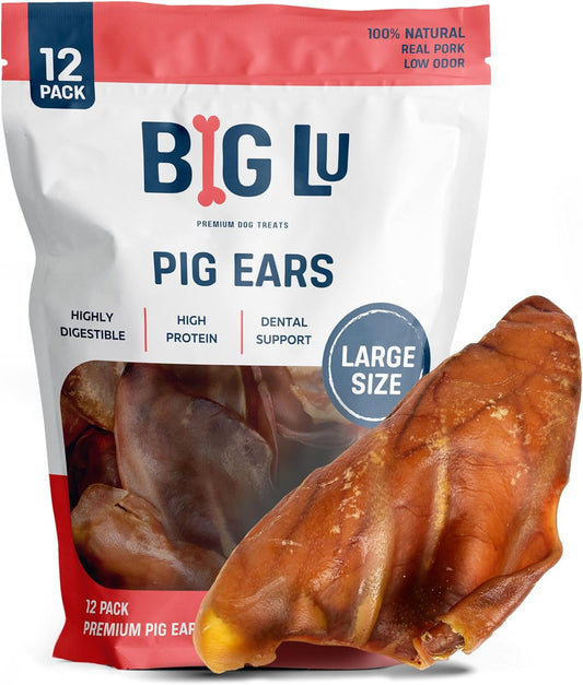 Big Lu – Whole Pig Ears for Dogs, 12 Count, All-Natural Single-Ingredient Pork Treats for Medium and Large Dogs, Easily Digestible, Long-Lasting, Supports Joint Health with Glucosamine and Chondroitin