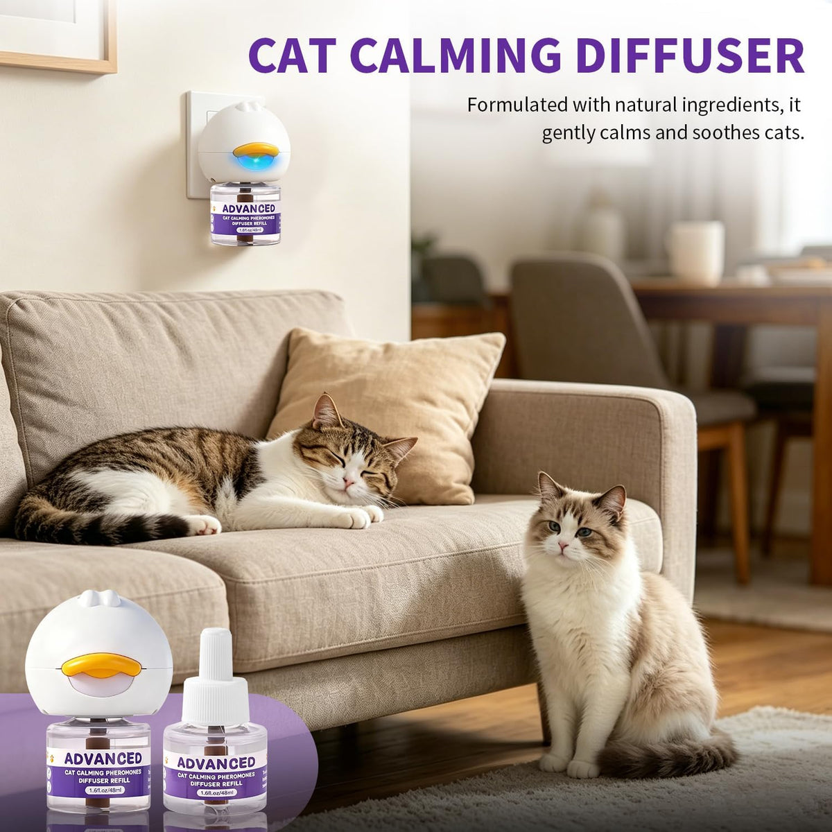 Cat Calming Diffuser Kit with 2 Diffusers & 4 Refills (48Ml Each), Cat Pheromones Calming Diffuser for Cat Anxiety Relief, Stress Reduction & Behavior Support, 30-Day Refills, Suitable for All Cats