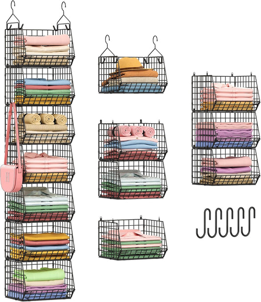 X-Cosrack 7 Tier Foldable Hanging Closet Organizer and Storage,Wire Closet Shelving with 4 Large Hooks+ 5 S Hooks,Hanging Basket for Clothes Sweaters Shoes Handbags,Small Closet Organizers