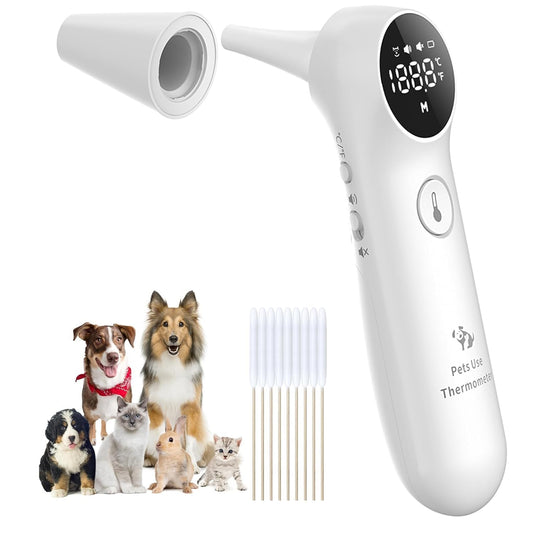 Pet Ear Thermometer for Dogs, Cats, and Livestock, Long Probe Designed, ℃/ ℉ Convert and Sound Switch Dedicated Button, 1 Second Measurement, 20 Pcs Pet Swabs Included(White)
