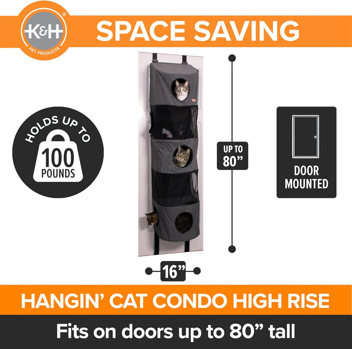 K&H Door Cat Tree, Hangin Condo 5 Level Mounted - Gray, Fits Doors <80In H