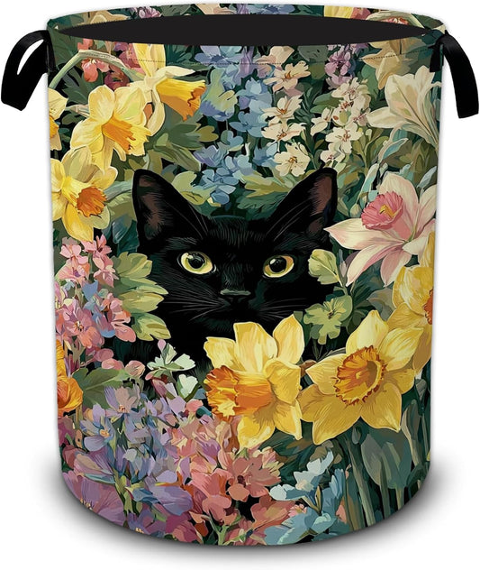 Cute Black Cat Laundry Basket,Flower Daffodils Tulips Foldable Oxford Laundry Hamper with Handles,Collapsible Clothes Storage Basket for Bedroom,Bathroom,Or Laundry Room,20.8 X 16 Inches