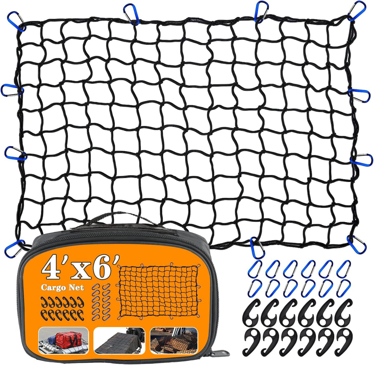 Cargo Net 4' X6' Stretches to 8' X 12' Truck Cargo Net for Pickup Truck Bed- Small 4"X4" Mesh Grid Super Duty Bungee Heavy Duty Bed Netting with 12 Adjustable Metal Carabiners by Cenipar
