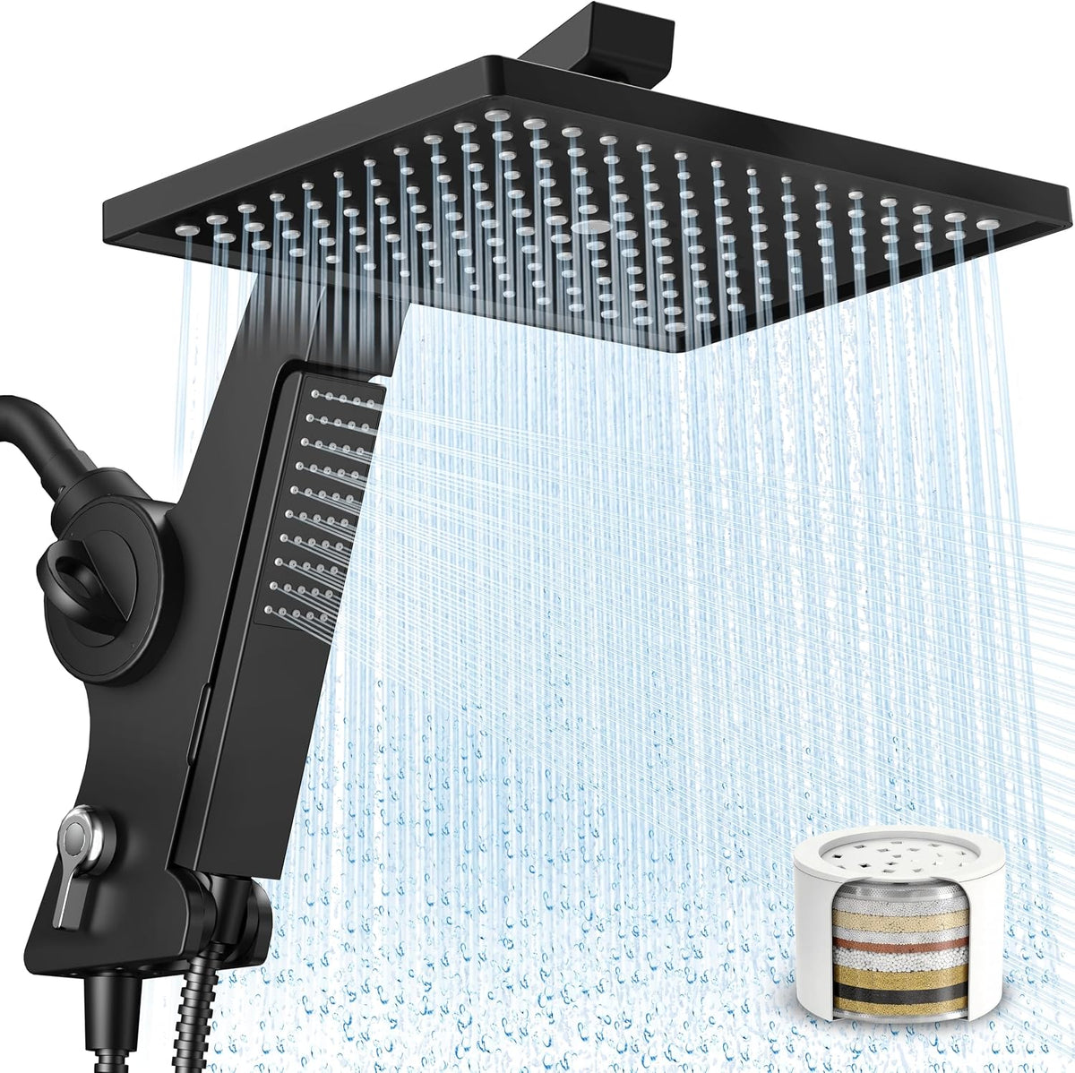 Makefit Filtered Rain Shower Head with Handheld Combo High Pressure 12'' Rainfall Shower Heads & Hidden Detachable Wand Dual Showerhead Water Softener for Hard Water Easy Filter Replacement