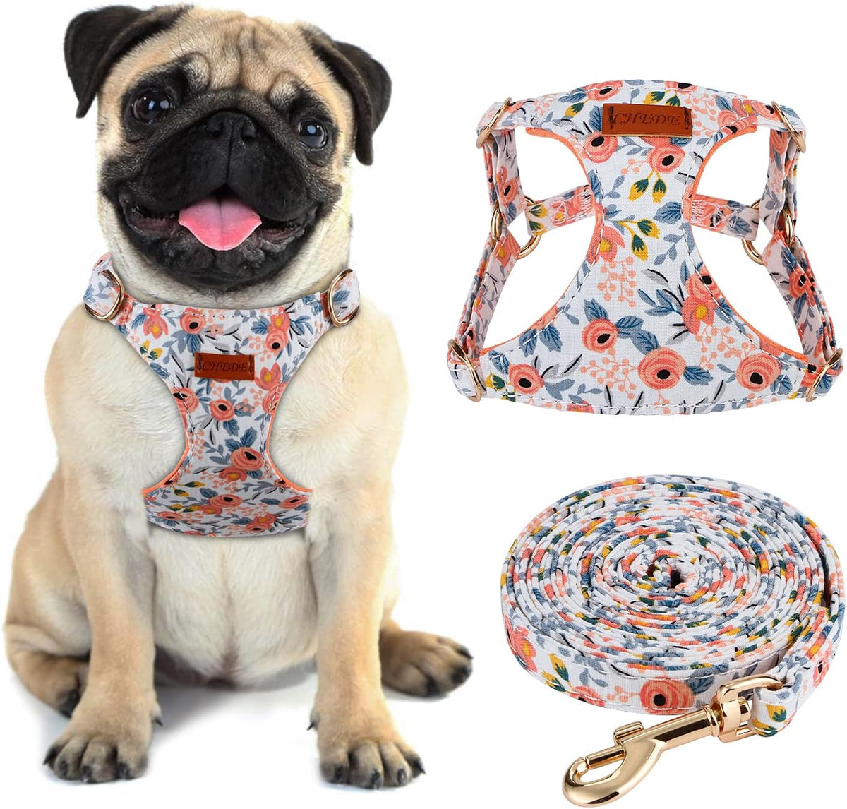 CHEDE No Pull Floral Pattern Dog Harness- Lightweight, Soft, Adjustable Small Harness and Leash Set, Suitable for Puppy Small and Medium-Sized Dog (S, Orange Rose)