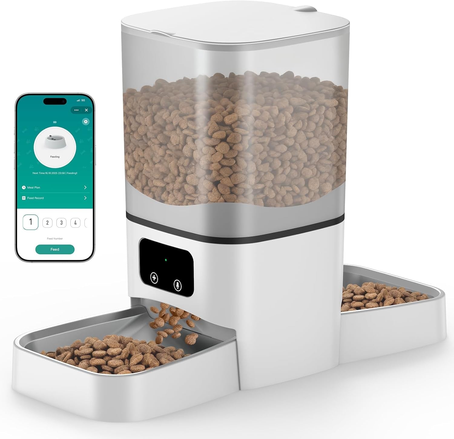 Automatic Cat Feeder for 2 Cats, 6L/25 Cup Large Capacity Wifi Pet Feeder with 2 Stainless Steel Bowls, Dual Power Supply, APP Control, 10S Voice Recorder, Timed Dry Food Dispenser for Multiple Pets