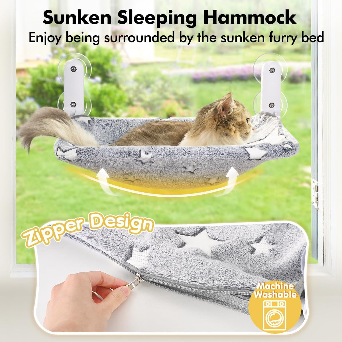 Zoratoo Cat Window Perch, Glow in the Dark Cordless Foldable Pet Hammock Bed for Window with Sturdy Metal Frame, Glowing Stars Pattern Resting Seat for Indoor Cats (Stars - M)