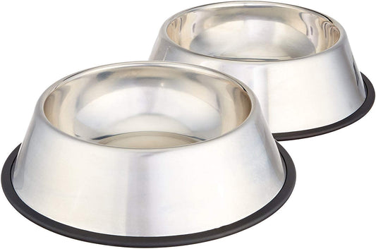 Amazon Basics Stainless Steel Non-Skid Dog Water and Food Bowls, Dishwasher Safe, Rust Resistant, 38Oz Capacity, 10 X 2.8 Inches, 2-Pack