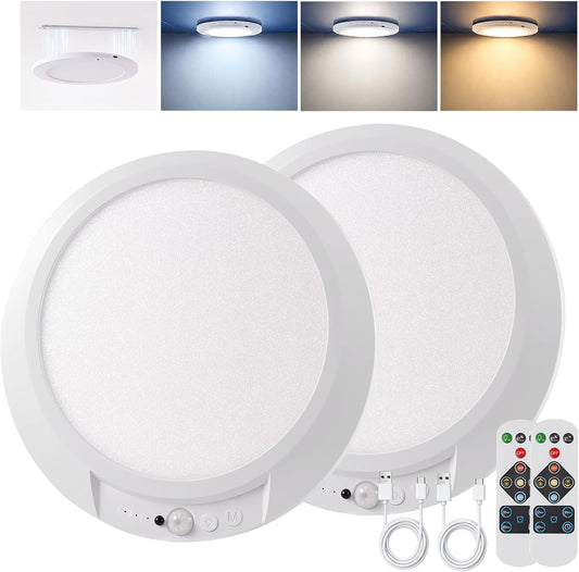 Rechargeable Motion Sensor LED Ceiling Light with Remote, Magnetic Wireless Battery Operated, 3CCT Dimmable Timing Waterproof Shower Light, Cordless Lighting for Closet Hallway Stairs Pantry, 2 Pack