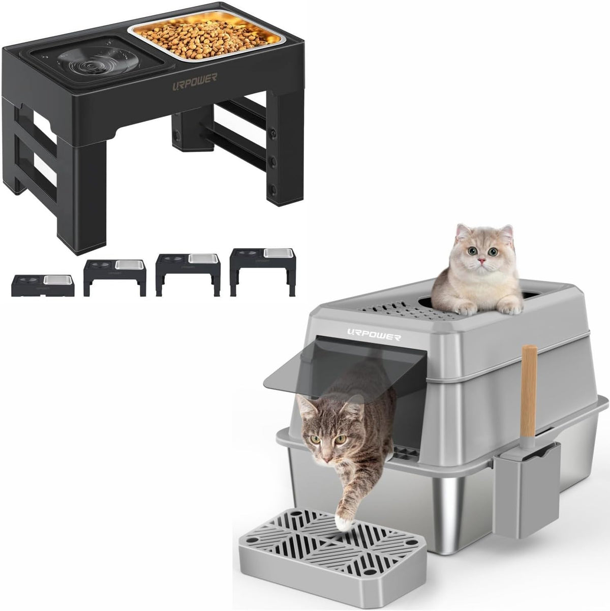 URPOWER 2-In-1 Elevated Dog Bowls & URPOWER Stainless Steel Cat Litter Box with Lid