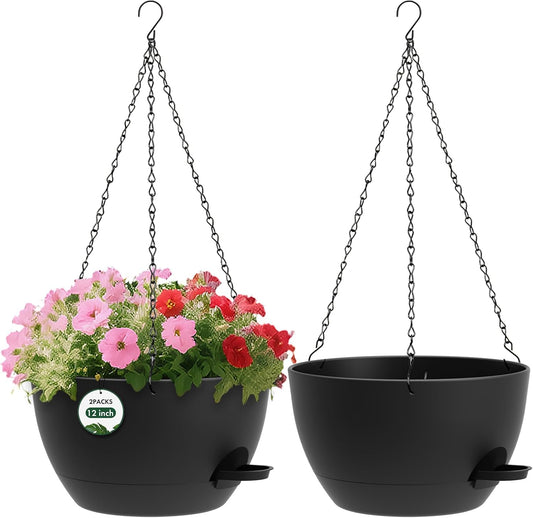 2 Pack 12 Hanging Flower Pots with Chains Self Watering Plastic Planters for Indoor Outdoor Plants, Sturdy Triangular Iron Chain Design for Garden Porchplastic Hanging Flower Pots (2, Black)