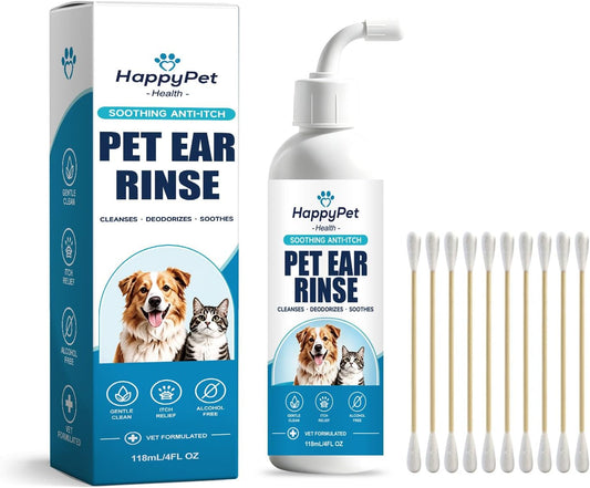 Pet Ear Rinse for Dogs & Cats, Foaming Ear Cleaner with Curved Applicator for Visible Wax, Dirt & Debris