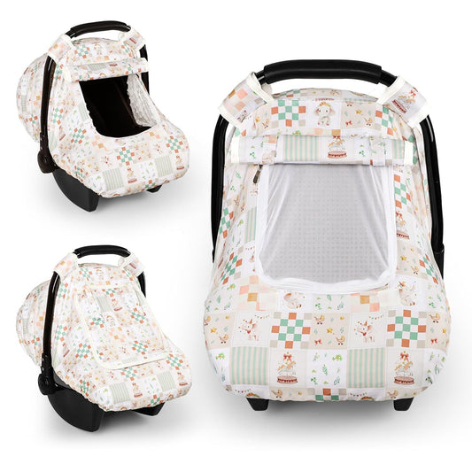 SWESEN Car Seat Cover Baby, Summer Carseat Covers Baby Girl, Soft Carseat Canopy Snug Fit Baby Stroller, Dual-Layer Protection, Cooling Mesh & Roll-Up Sun Shade, Elephant