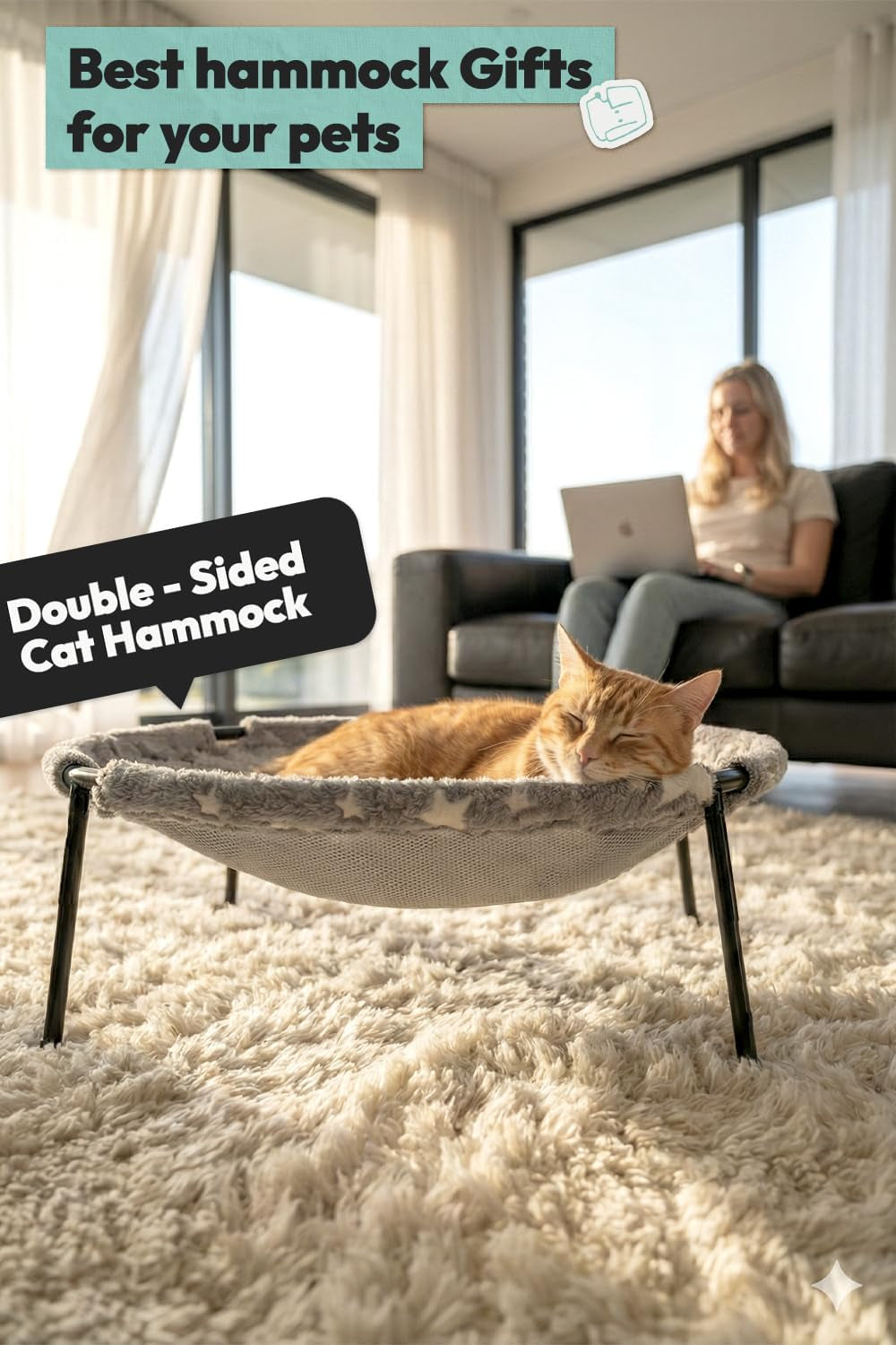 Elevated Cat Bed, Glow-In-The-Dark Fabric Cat Hammock Bed for Large Indoor Cats, Machine Washable & Breathable Cover, Tool Free Easy Assembly, up to 66Lbs (Gray, L)
