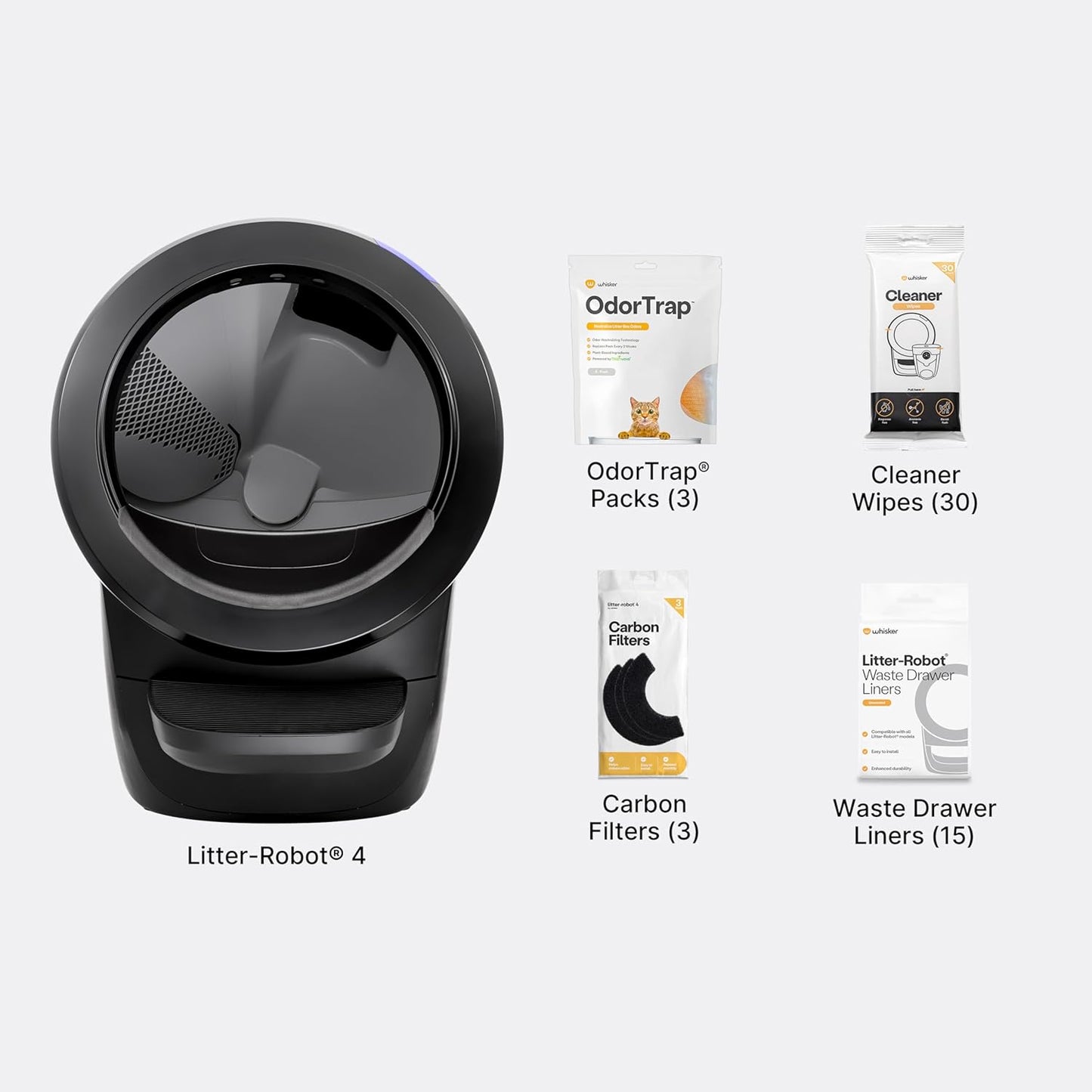 Whisker Litter-Robot 4 Supply Bundle, Black - Automatic, Self-Cleaning Cat Litter Box, Includes Litter-Robot 4, 3 Odortrap Refills, 10 Liners, 30 Cleaner Wipes, & 2 Carbon Filters