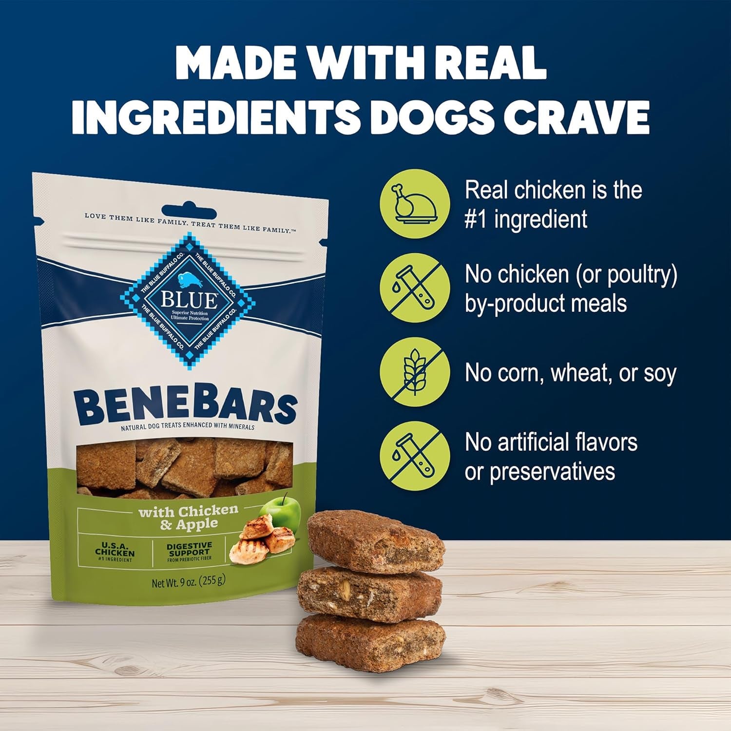 Blue Buffalo Benebars Digestive Support Dog Treats with Prebiotic Fiber, Made with Natural Ingredients, USA Chicken & Apple, 9-Oz Bag