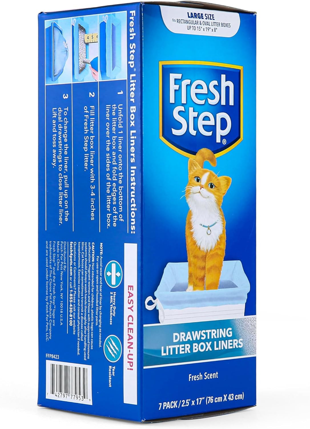 Fresh Step Drawstring Cat Litter Box Liners, Scented Heavy Duty Kitty Litter Bags for Large Oval or Rectangle Pans, Helps Contain Odor and Mess, Easy Lift Out Cleanup, 2.5 Ft X 17 In, 7 Count