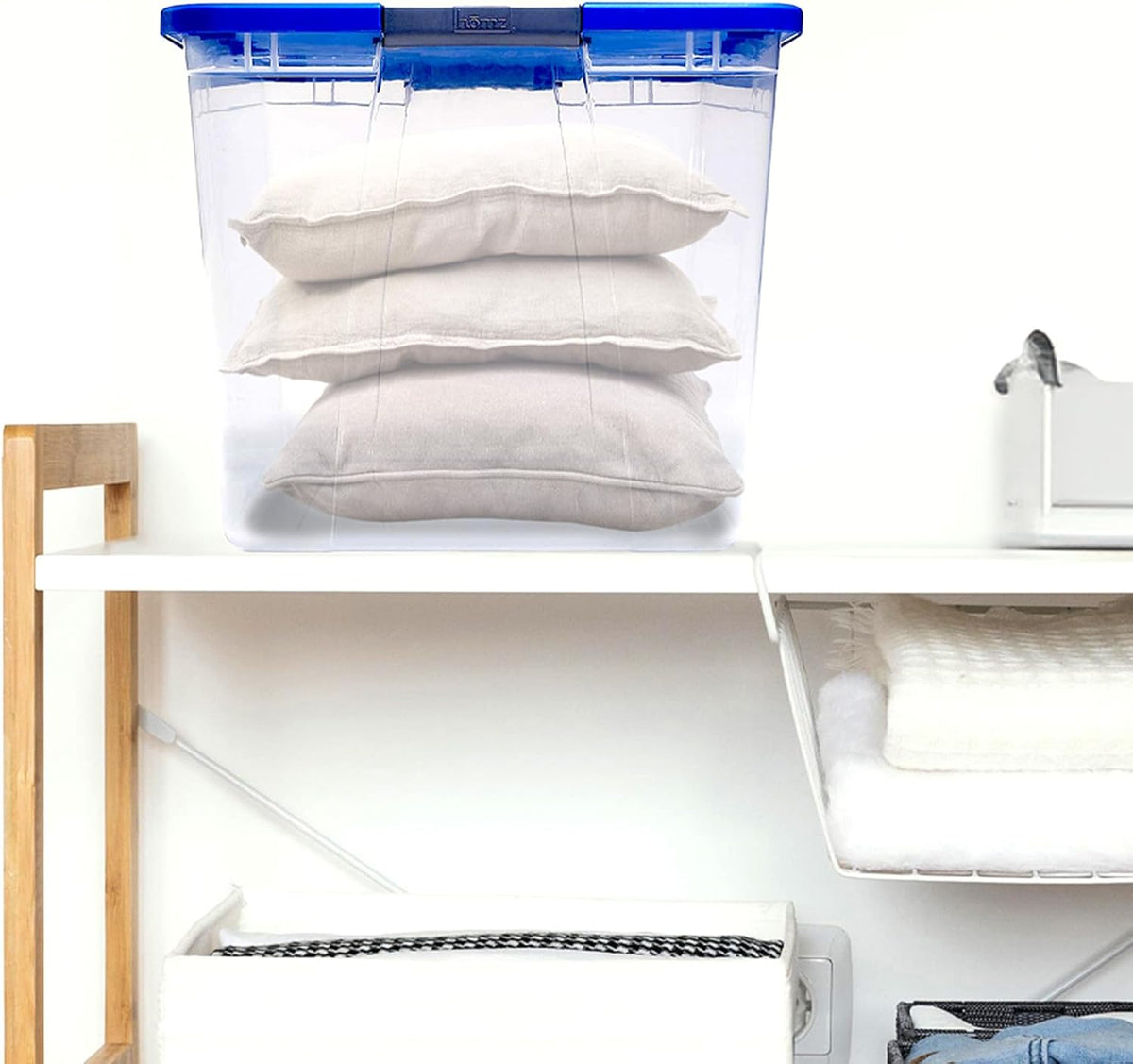 HOMZ Clear Plastic Storage Bin with Secure Latching Blue Lid, 64 Qt, 2 Pack