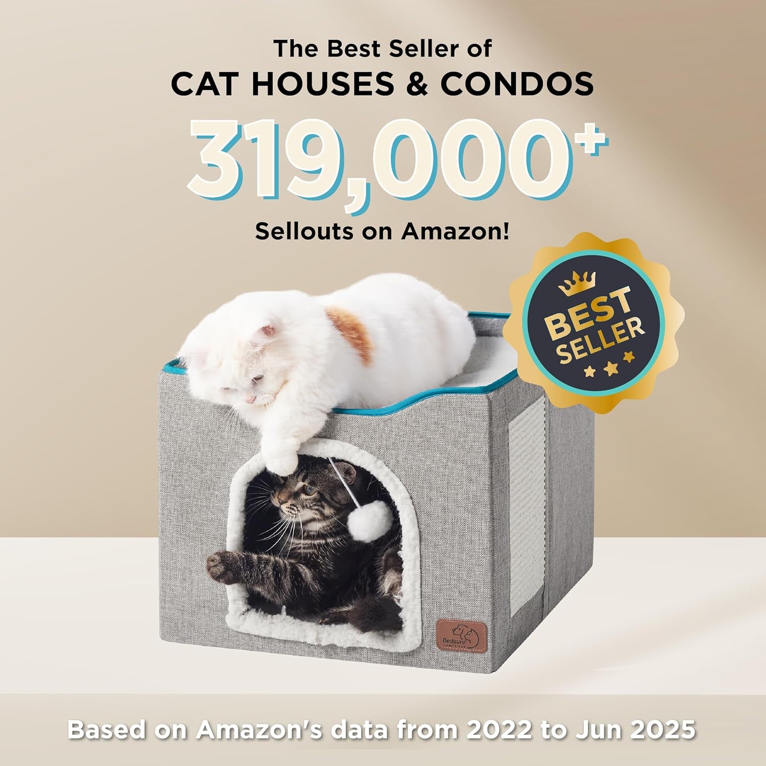 Bedsure Cat Beds for Indoor Cats - Large Cat Cave for Pet Cat House with Fluffy Ball Hanging and Scratch Pad, Foldable Cat Hideaway, 16.5X16.5X13 Inches, Grey