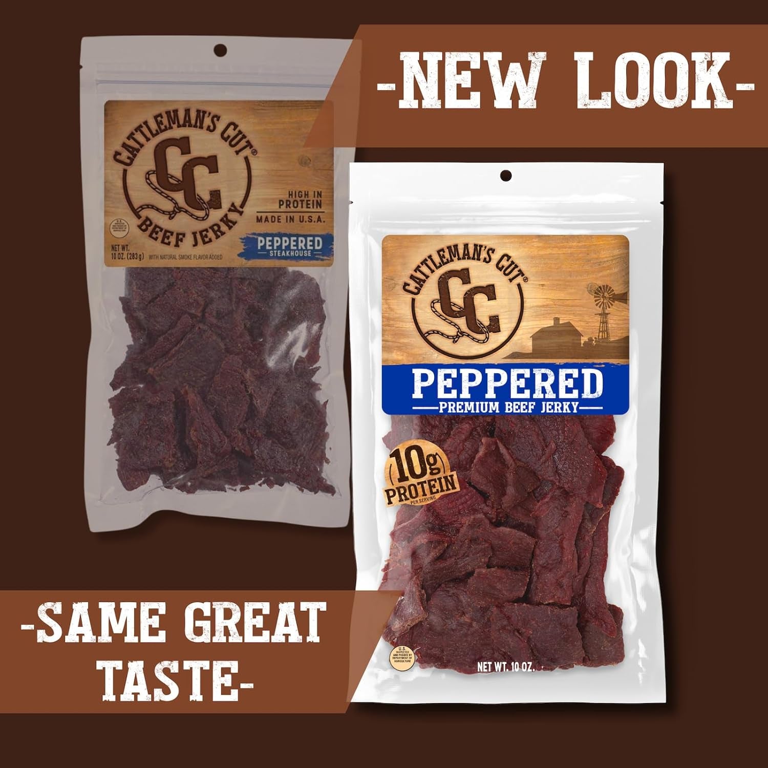 Cattleman'S Cut Peppered Beef Jerky, Premium Marinated Steak High Protein Meat Snacks, Keto Friendly, Gluten Free, Carnivore Travel Snack, Resealable Bag, 10 Ounces