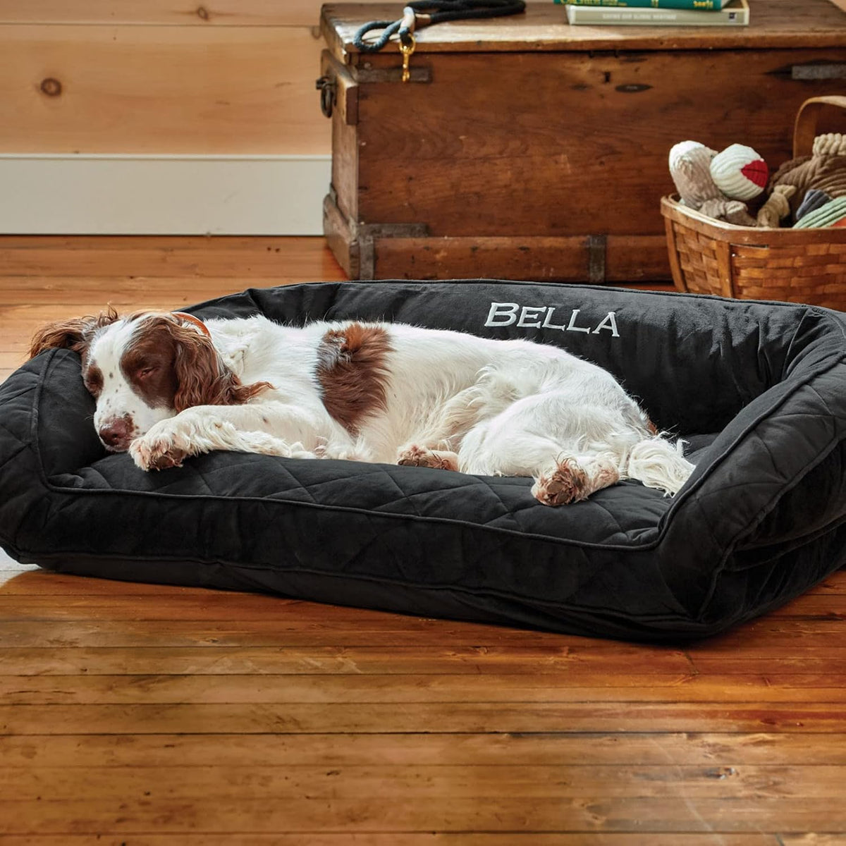 Orvis Comfortfill-Eco Couch Dog Bed – Plush Three-Sided Bolster with Comfortfill-Eco Cushion, Quilted Cover, Zip-Off & Machine Washable, Slate - Medium