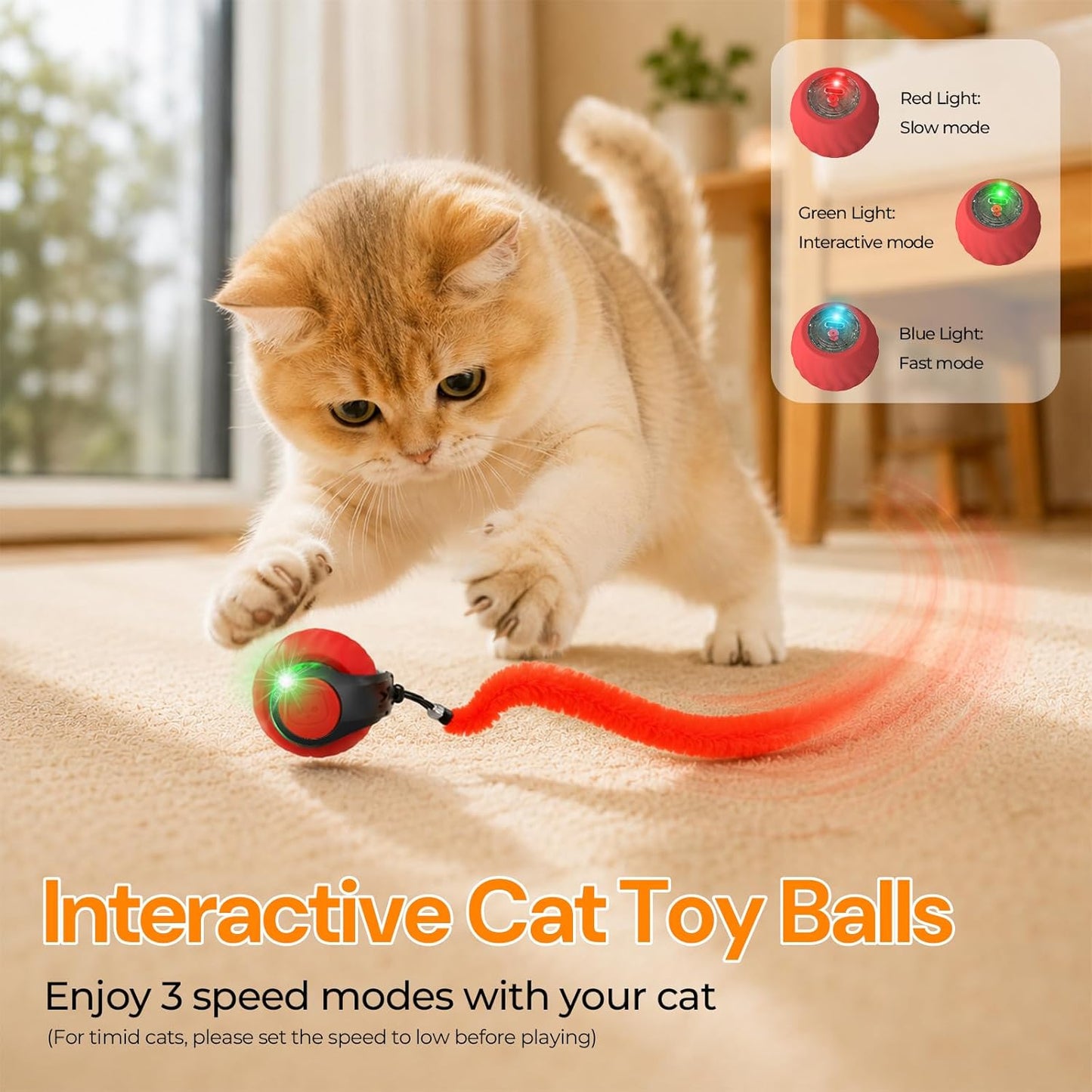 Geamen Interactive Cat Toys with Bird Sounds & 3 Speed Modes, Rechargeable Automatic Moving Cat Toy with 3 Tails, Fast Charging Smart Rolling Ball for Indoor Cats to Chase Play on Hard Floor Carpet