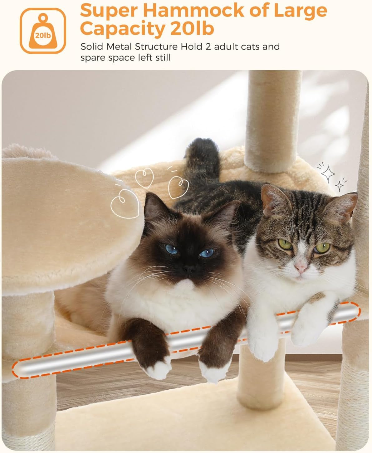 MUTTROS Cat Tree for Large Cats Adult with Metal Plush Big Hammock, 56.3" Cat Tower with 2 Door Condo House, 6-Tier Cat Shelves with Scratching Posts and Large Top Perch, Beige