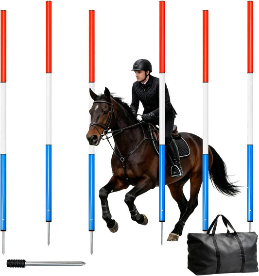 6PC 6FT Pole Bending Poles for Horses with Ground Spikes/Rubber Base & Storage Bag, Detachable Adjustable Horse Agility Poles, 3-Color for Equestrian, Soccer Speed Drills, Pet Obstacle Training & More