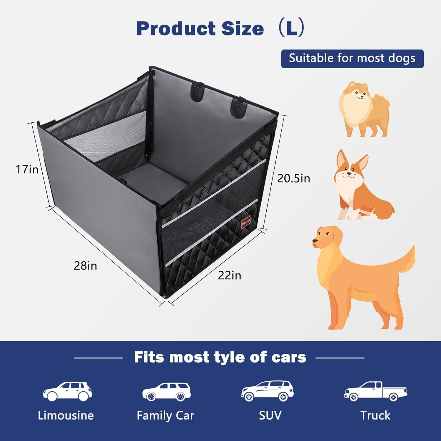 MIXJOY Dog Car Seat for Large Medium Dogs, Back Seat Extender for Pets, Waterproof Pet Carseat for Medium Sized Dog, Hammock for Pet, with Storage Pocket for Cars/Suv/Truck(L-28 * 22 * 20.5In)