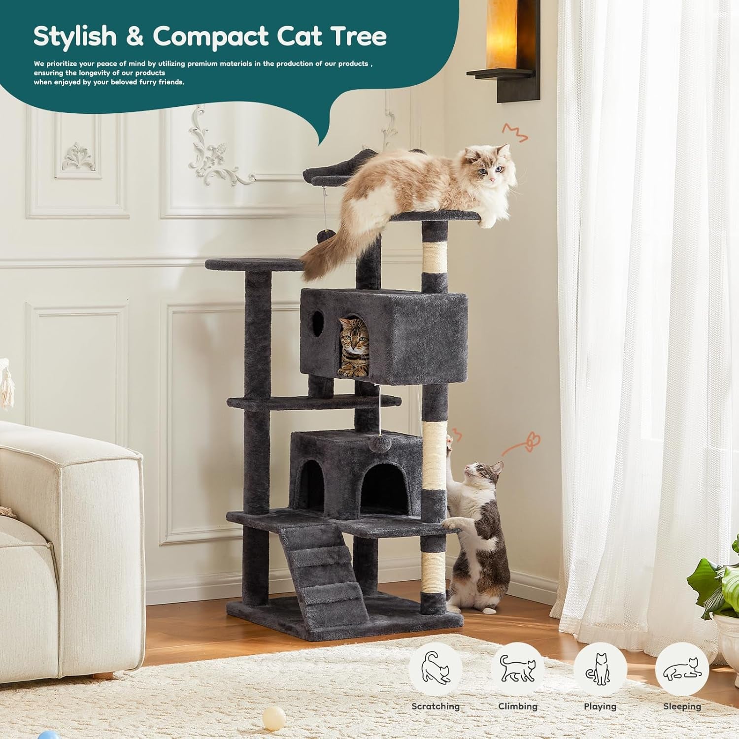 DUMOS 54-Inch Indoor Cat Tree Tower –Multi-Level Pet House for Large Cats with 2 Condos, Scratching Posts, round Platform, Small Ladder, and Toys – Perfect for Cats of All Ages, Dark Grey