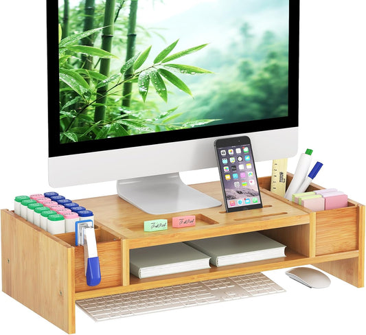 Ufine Bamboo Monitor Stand with Storage Compartments Small Desk Organizer