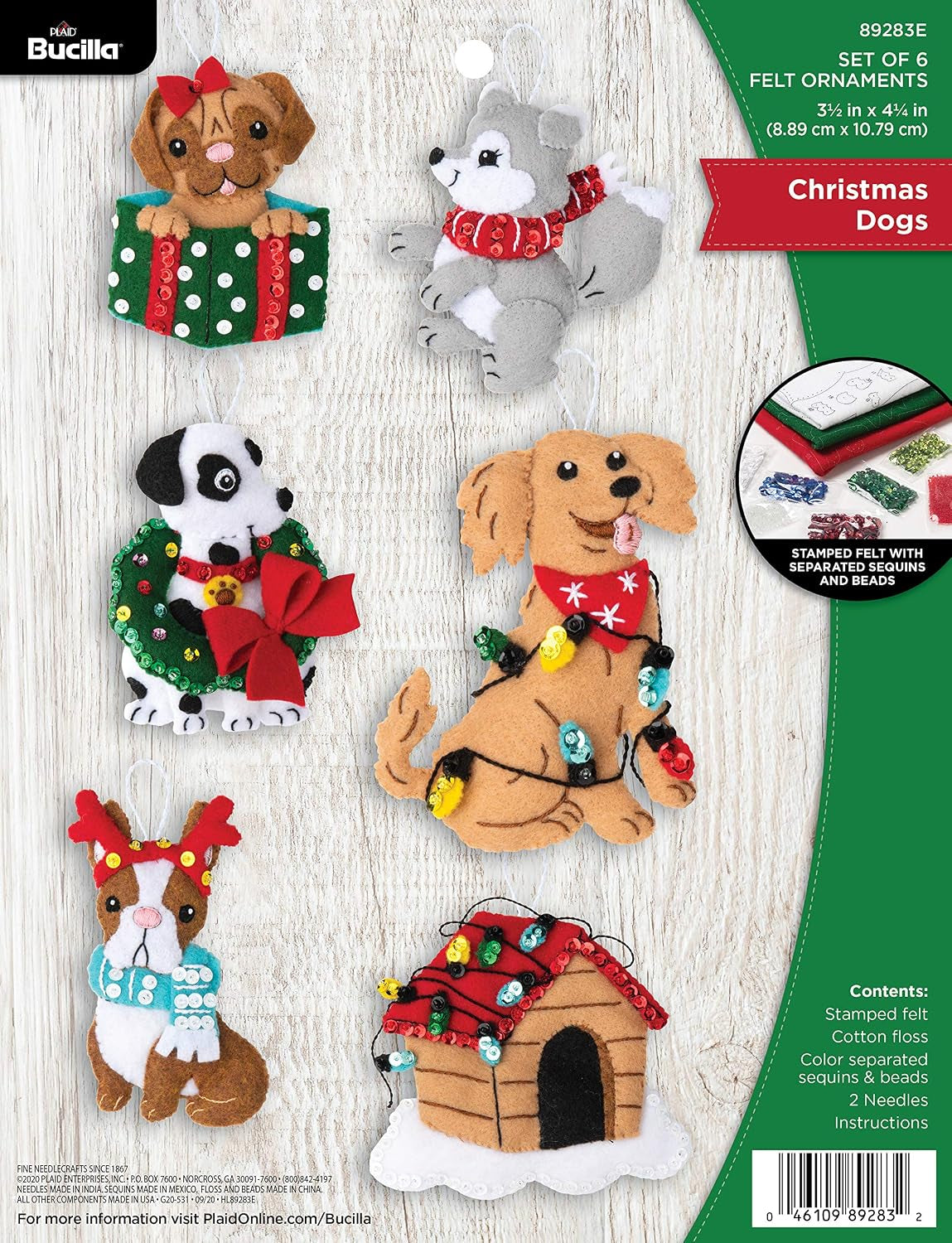 Bucilla, Christmas Dogs, Felt Applique Ornament Kit, Set of 6 (89283E)