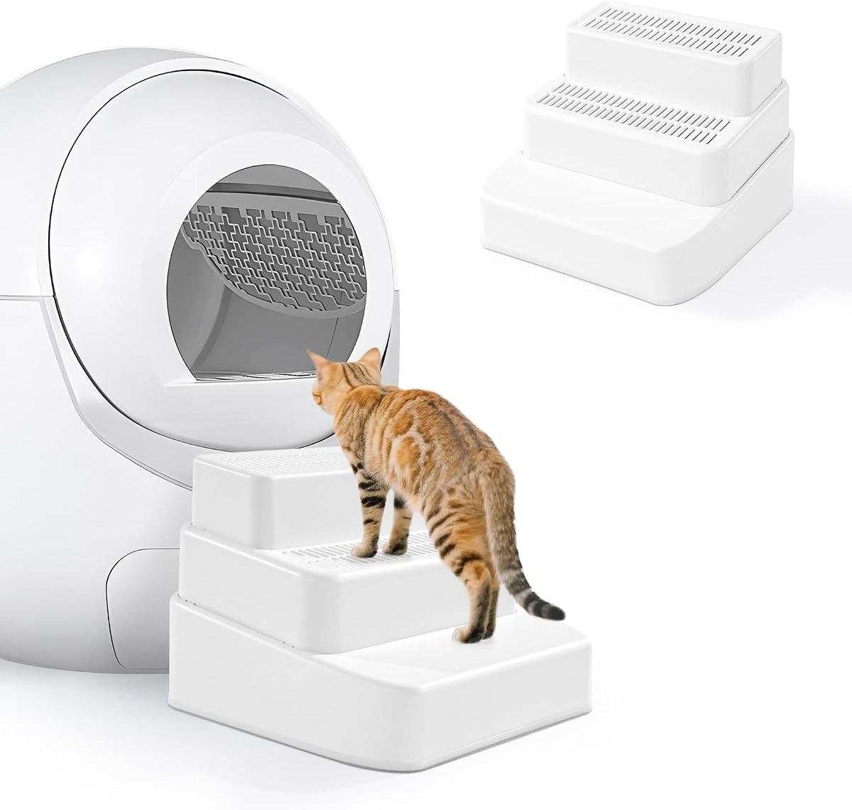 BALAPET Adjustable 3 Steps Litter Box Ramp with Filter Function, Detachable Litter Trapper, Non-Slip Cat Litter Stair for Small & Elderly Cats(White)