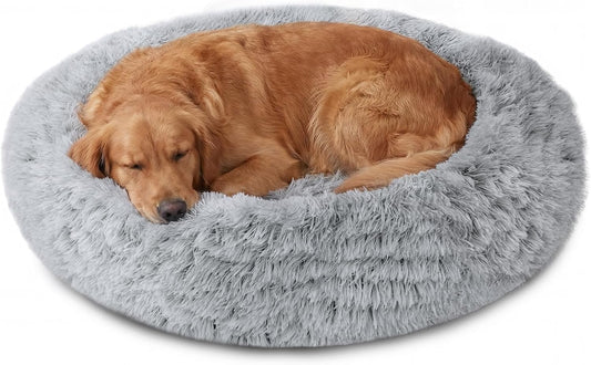 JOLLYVOGUE Calming Dog Bed Medium Size Dog, 31In Donut Washable Medium Pet Bed, Anti-Slip & Anti-Anxiety Fluffy Faux Fur round Dogs Bed, Fits up to 45 Lbs Pets (Smoke Grey)
