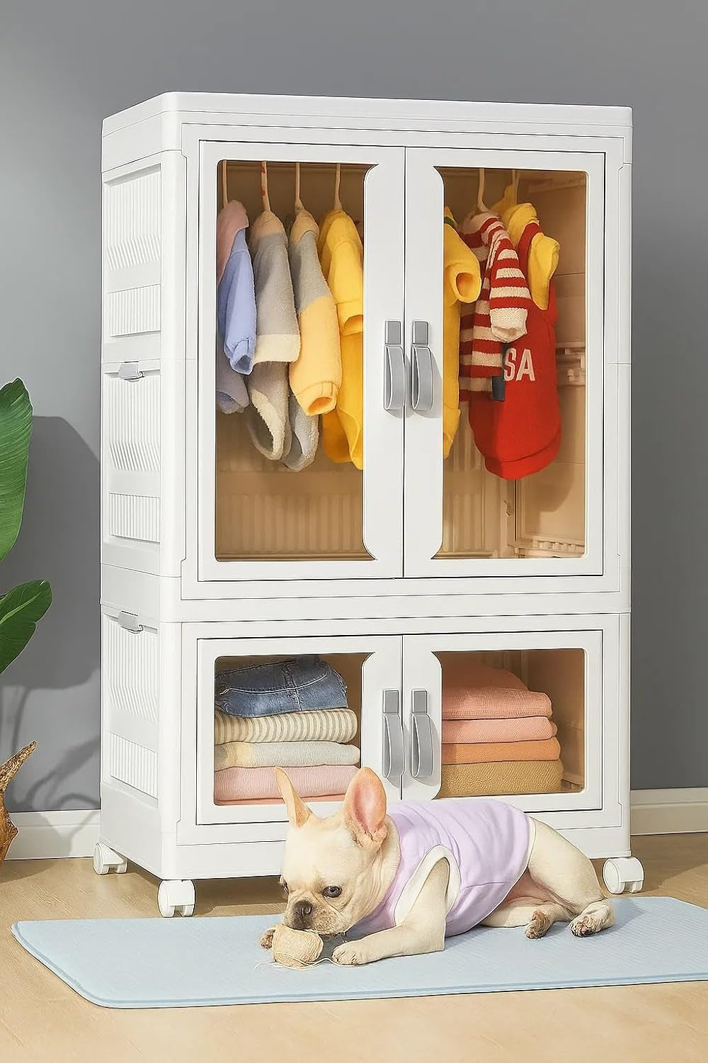 CXCJAI Pet Clothing Storage Cabinet with Hanging Rod Foldable Plastic Storage Bin 2-Tier Dog Clothes Organizer for Small Pets Lightweight, Waterproof– Portable Cat Wardrobe Closet