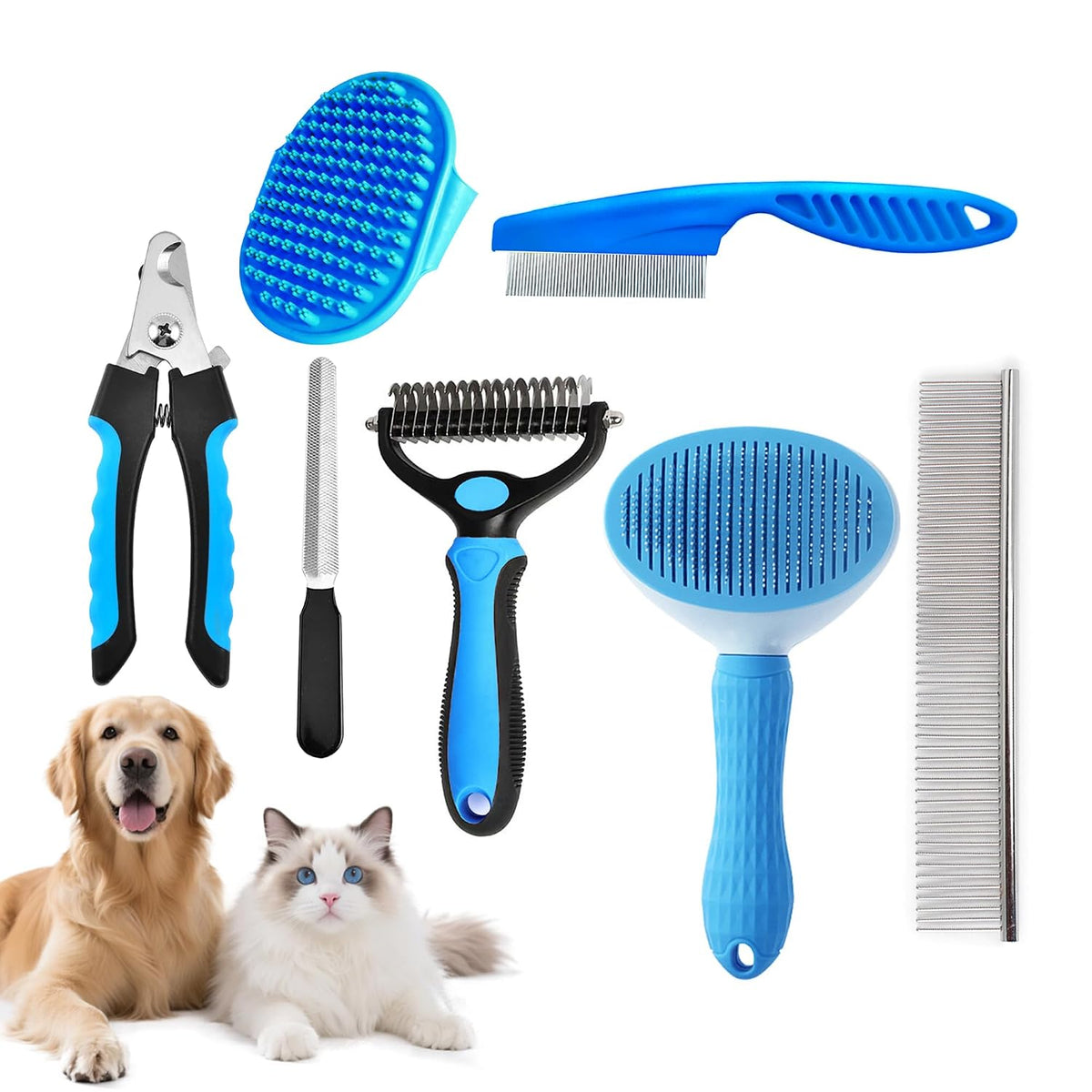 7-Piece Dog Grooming Kit with Slicker Brush and Undercoat Rake, Blue