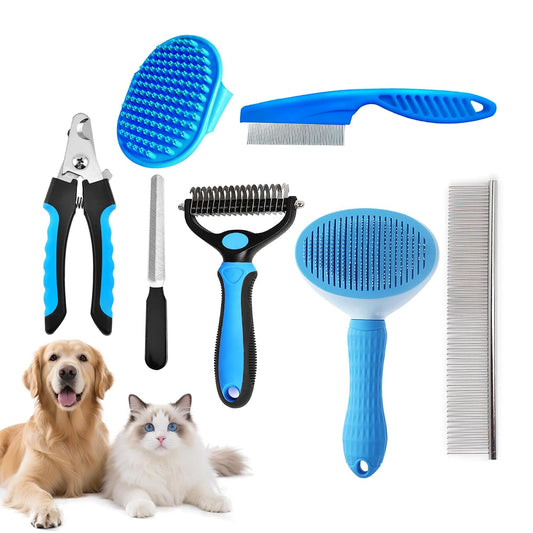 7-Piece Dog Grooming Kit with Slicker Brush and Undercoat Rake, Blue