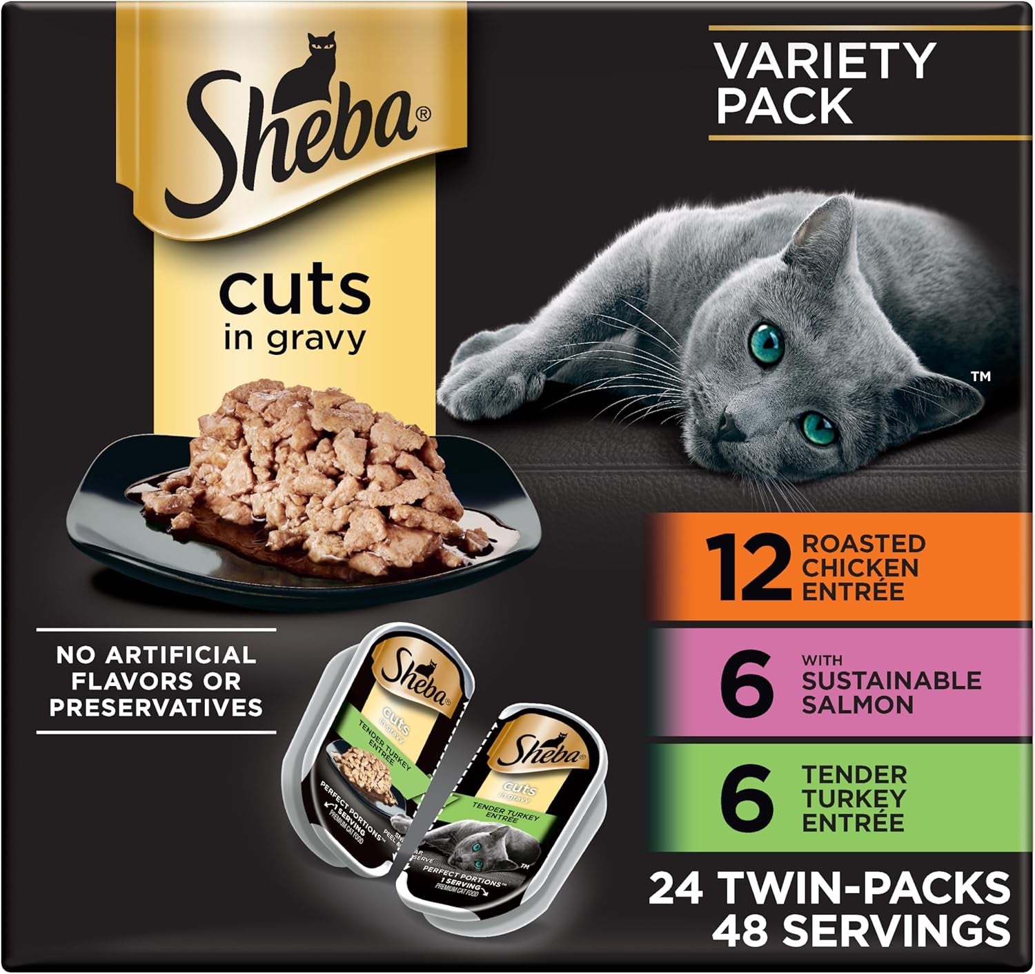 Sheba Perfect Portions Wet Cat Food Cuts in Gravy, Cat Food Wet Recipe, Roasted Chicken Entree, with Sustainable Salmon, Tender Turkey Entree, 2.6 Oz. Twin-Pack Trays (24 Count, 48 Servings)