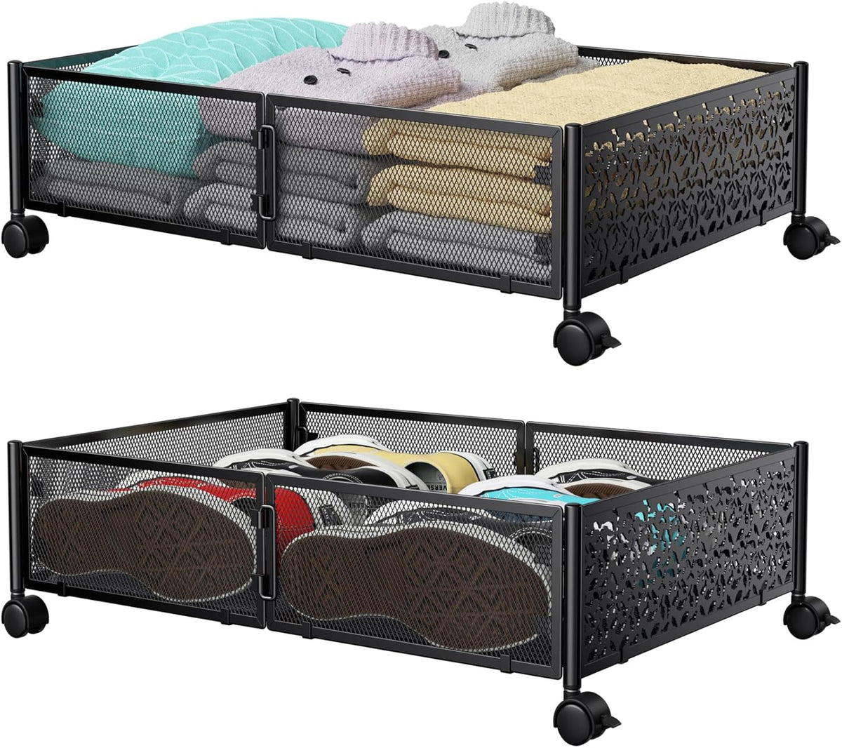 PHINOX under Bed Storage Container with Wheels,Patterned,Metal,2 Pack,Black