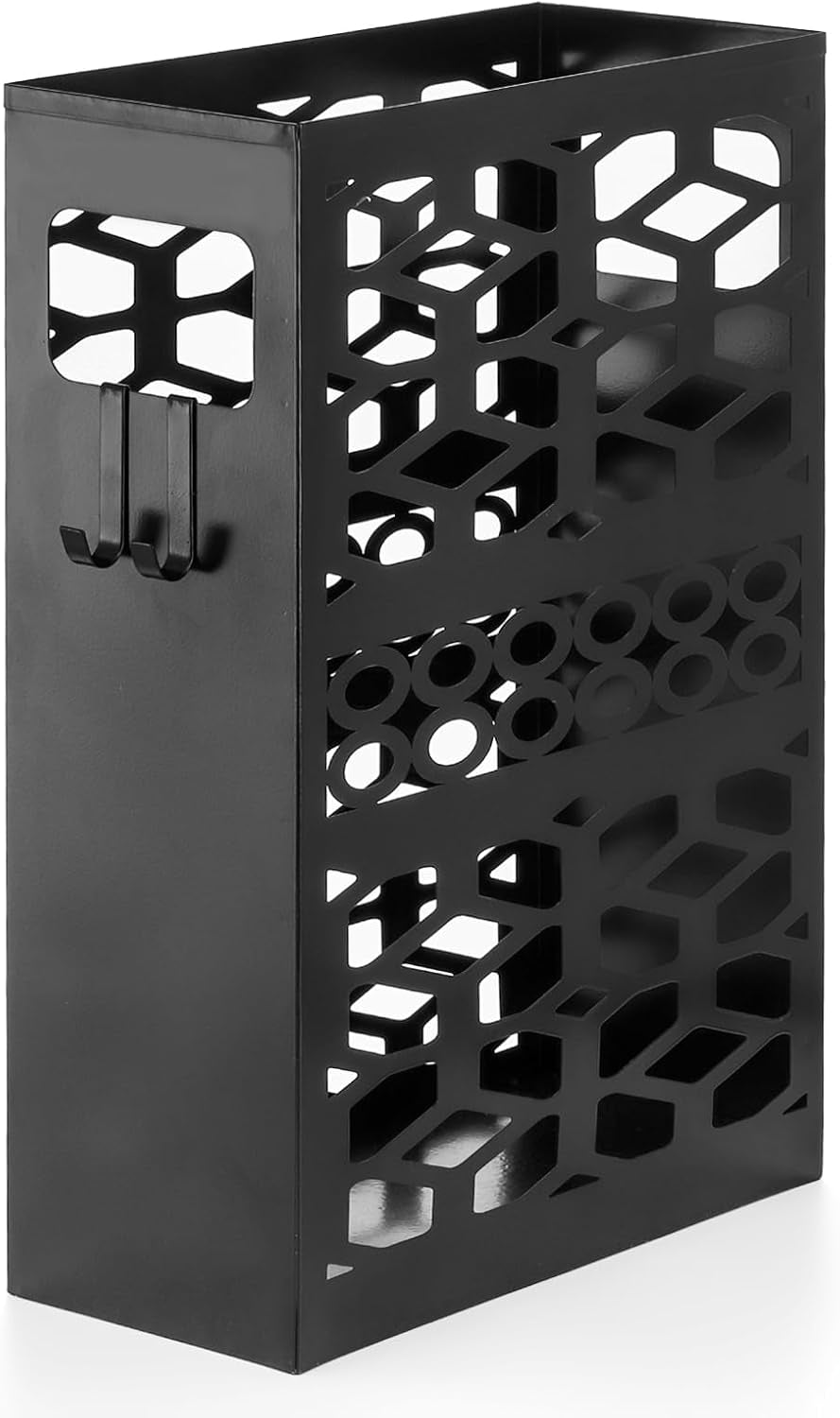 Rectangle Metal Umbrella Stand with 2 Hooks, Entryway Umbrella Holder & Walking Cane Storage, Umbrella Organizer Freestanding for Home, Office, Hotel, Black