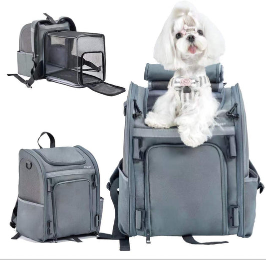 Expandable Pet Carrier, Airline-Approved Foldable and Detachable Backpack, Fits 13Lbs Cat&11Lbs Small Puppy Dog, for Car Travel,Camping and Emergency Transportation and Shelter (Grey)