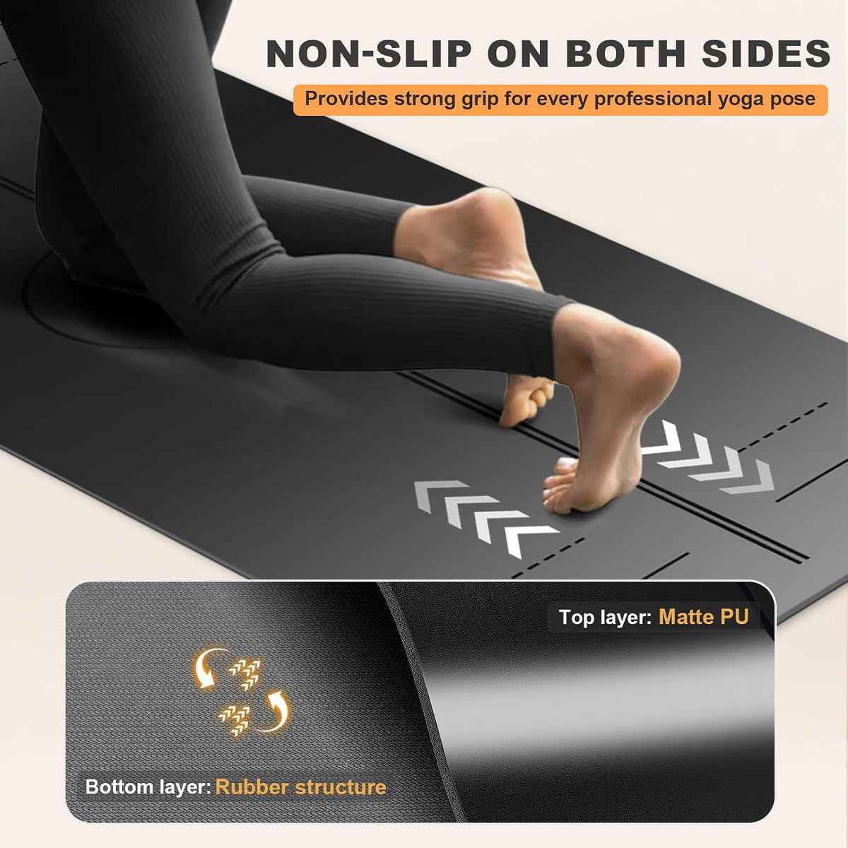 Yoga Mat - Non Slip Natural Rubber Yoga Mat, Alignment Lines, Ultimate Grip