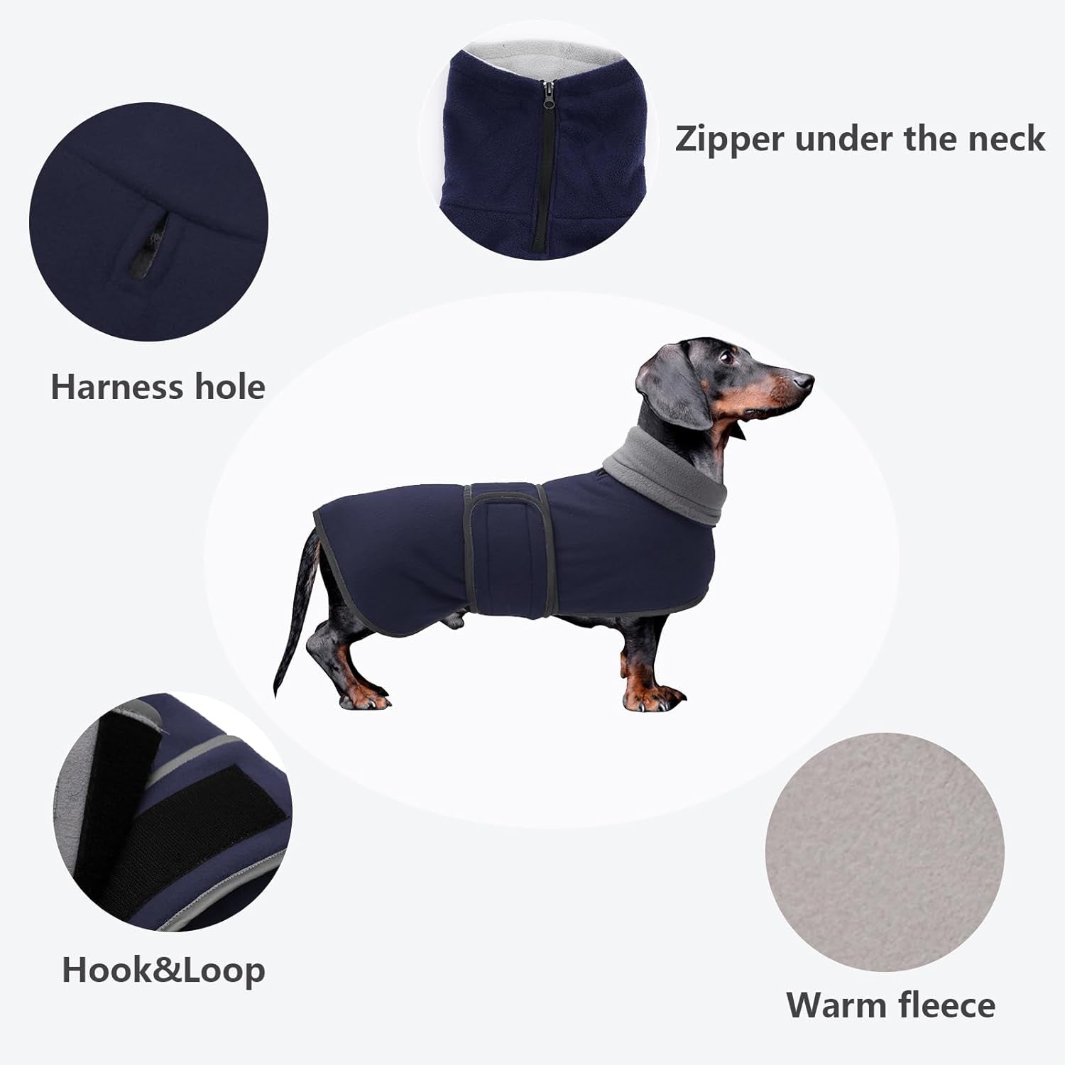 Dachshund Coats Sausage Dog Fleece Coat in Winter Miniature Dachshund Clothes with Hook and Loop Closure and High Vis Reflective Trim Safety - Navy - S