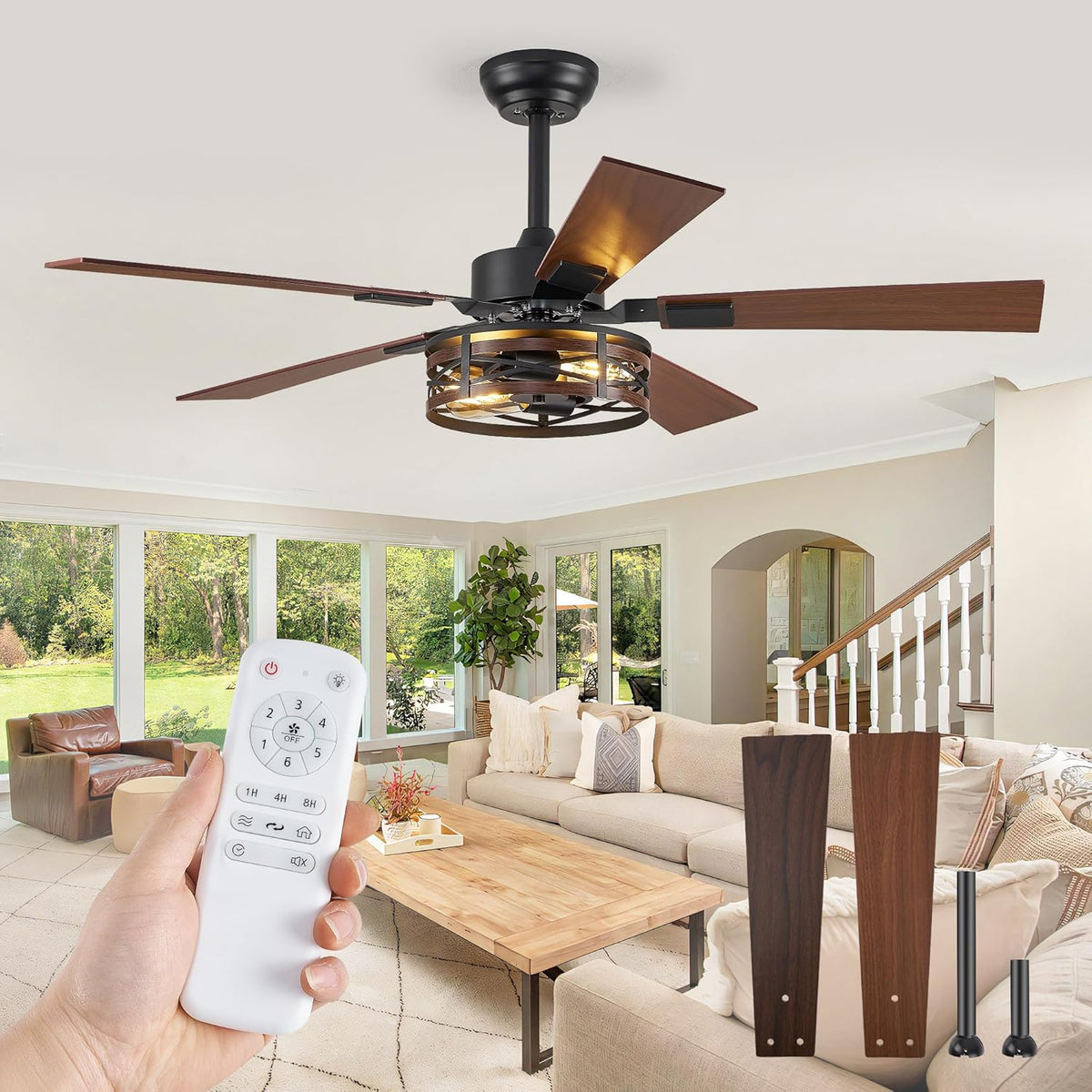 Fanbulous 48" Farmhouse Ceiling Fan with Light & Remote, 2-Light Caged