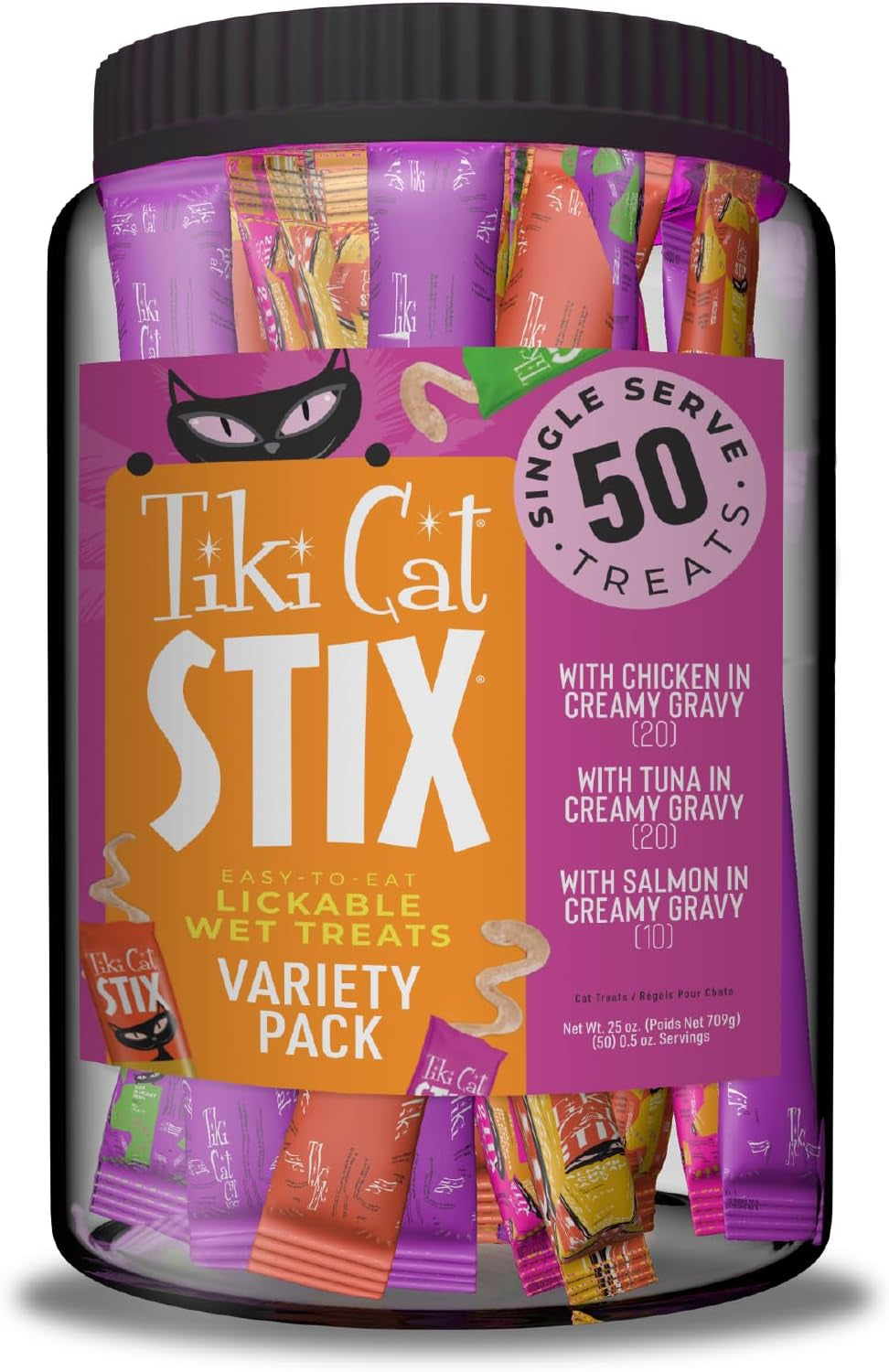 Tiki Cat Stix Mousse Treats, Variety Mega Jar, Single Serve Indulgent Lickable Treat or Dry Food Topper, 50 Count, 25 Oz. (0.5 Oz./Stick)